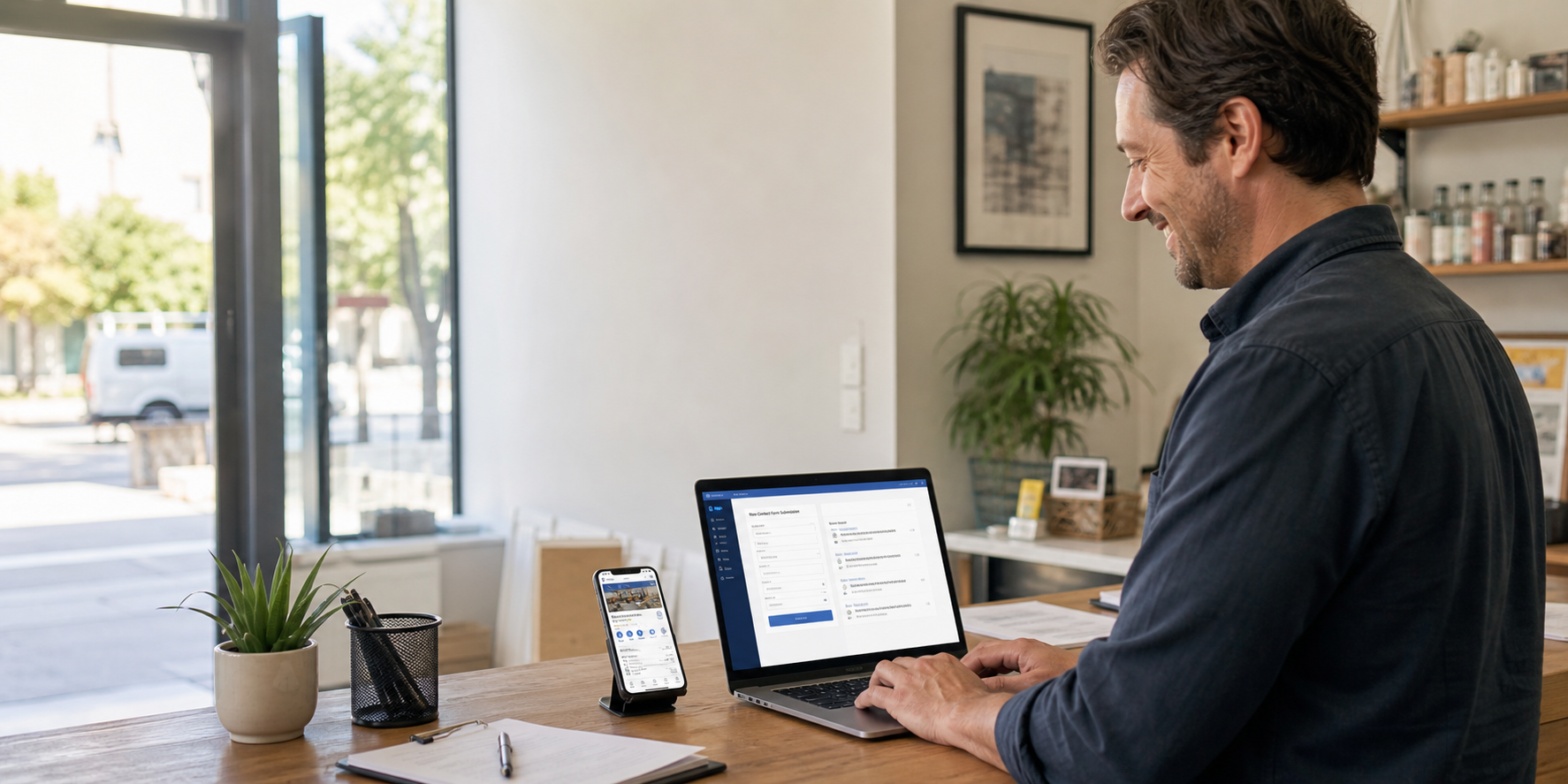 Small business counter with a laptop and phone showing web setup tools.